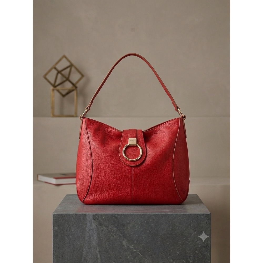 Furla Red Pebbled Leather Hobo Shoulder‎ Bag Made in Italy Silver Ring Hardware